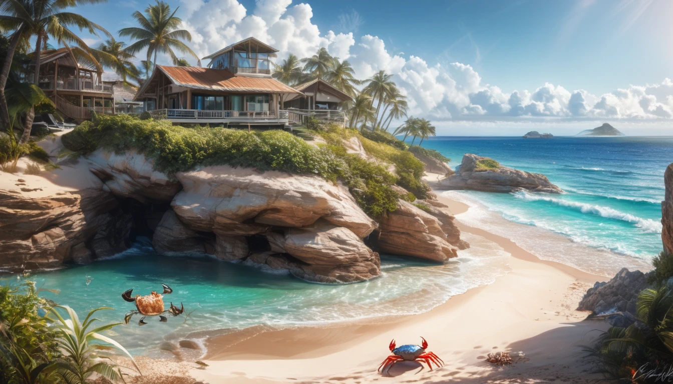 (best quality,highres:1.2),ultra-detailed,(realistic,photorealistic:1.37),jeweled beach,glassy blue gems,blue coast,colorful crab,lovely beach scene,rocky ridges,cove,beach vacation,natural beauty,serene atmosphere,crystal-clear water,soft sand,glistening sunlight,lush vegetation,seashells,refreshing breeze,saltwater scent,sandy dunes,gentle waves,coastal paradise,tropical paradise,secluded getaway,tranquil escape,vibrant colors,sparkling ocean,marine life exploration,sun-kissed paradise,shimmering reflections,fresh seafood,seaside relaxation,waterfront retreat,fascinating seascapes,unspoiled coastline,idyllic scenery,hidden treasure,beach exploration,hidden gem,captivating view,pristine environment,luxury beach destination,serenity