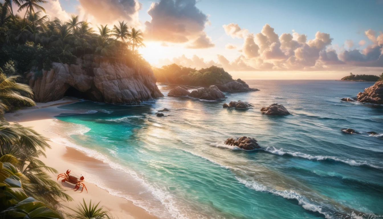 (best quality,highres:1.2),ultra-detailed,(realistic,photorealistic:1.37),jeweled beach,glassy blue gems,blue coast,colorful crab,lovely beach scene,rocky ridges,cove,beach vacation,natural beauty,serene atmosphere,crystal-clear water,soft sand,glistening sunlight,lush vegetation,seashells,refreshing breeze,saltwater scent,sandy dunes,gentle waves,coastal paradise,tropical paradise,secluded getaway,tranquil escape,vibrant colors,sparkling ocean,marine life exploration,sun-kissed paradise,shimmering reflections,fresh seafood,seaside relaxation,waterfront retreat,fascinating seascapes,unspoiled coastline,idyllic scenery,hidden treasure,beach exploration,hidden gem,captivating view,pristine environment,luxury beach destination,serenity