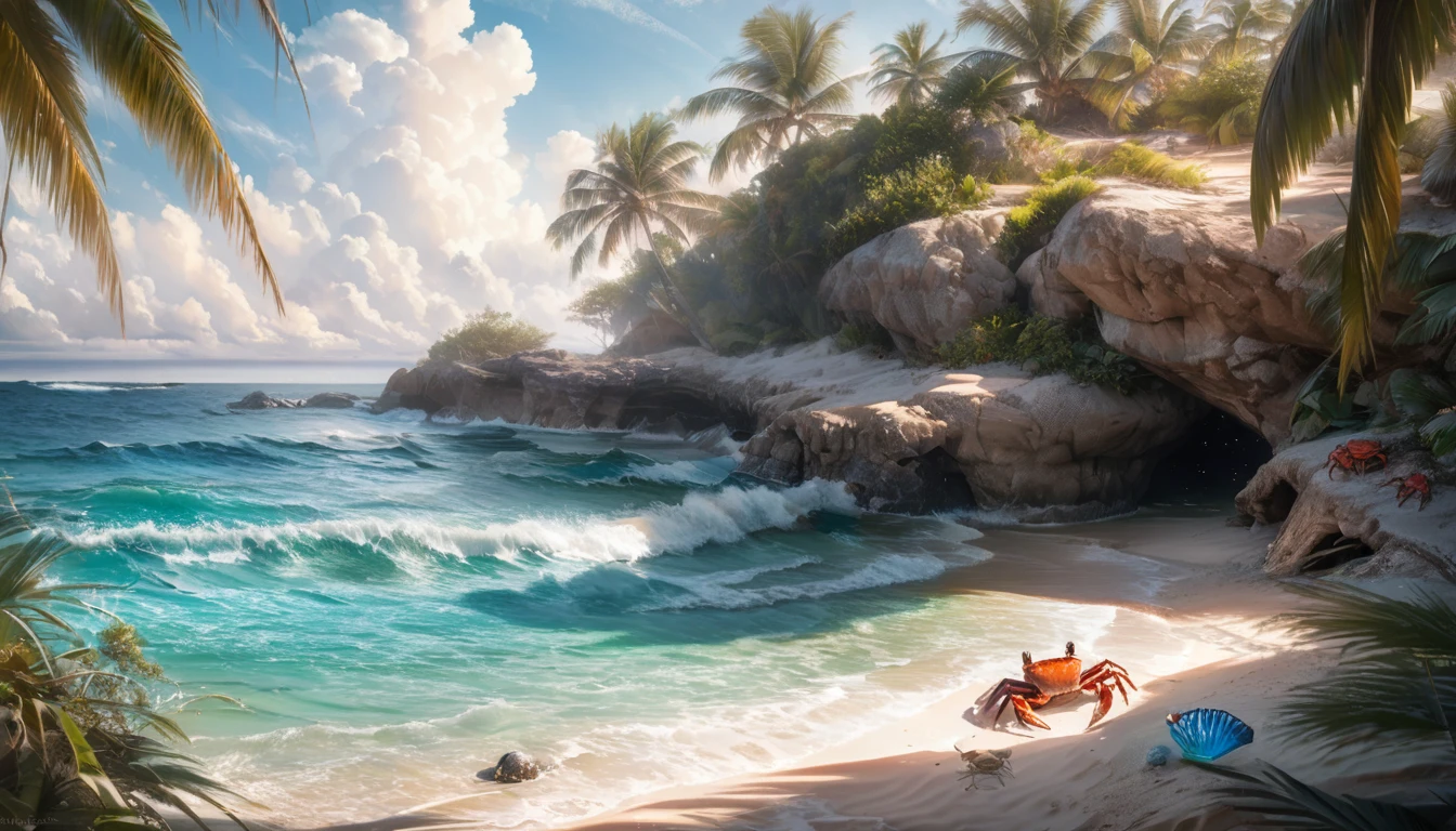 (best quality,highres:1.2),ultra-detailed,(realistic,photorealistic:1.37),jeweled beach,glassy blue gems,blue coast,colorful crab,lovely beach scene,rocky ridges,cove,beach vacation,natural beauty,serene atmosphere,crystal-clear water,soft sand,glistening sunlight,lush vegetation,seashells,refreshing breeze,saltwater scent,sandy dunes,gentle waves,coastal paradise,tropical paradise,secluded getaway,tranquil escape,vibrant colors,sparkling ocean,marine life exploration,sun-kissed paradise,shimmering reflections,fresh seafood,seaside relaxation,waterfront retreat,fascinating seascapes,unspoiled coastline,idyllic scenery,hidden treasure,beach exploration,hidden gem,captivating view,pristine environment,luxury beach destination,serenity