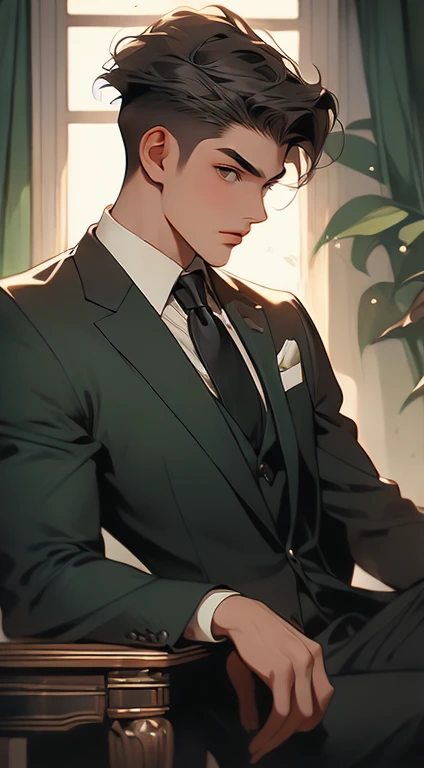 ((a young man in a black suit and tie)), taken in the early 2020s, gotham, alejandro, he looks very sophisticated, (((left side swept black short hair))), (dark green eyes and thick eyebrows), smirk. ((20 years old)), ((Black suite and black tie)), masterpiece, posture dynamic, one person, ((brown skin))