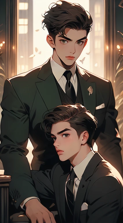 ((a young man in a black suit and tie)), taken in the early 2020s, gotham, alejandro, he looks very sophisticated, (((left side swept black short hair))), (dark green eyes and thick eyebrows), smirk. ((20 years old)), ((Black suite and black tie)), masterpiece, posture dynamic, one person, ((brown skin))