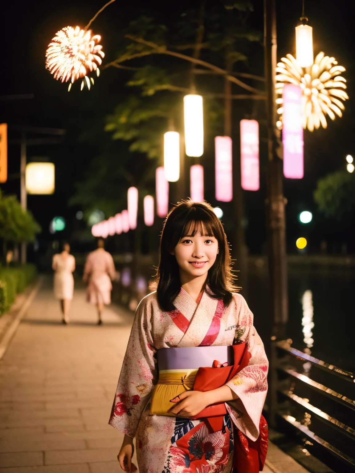 Mastepiece、highest quality、Portrait of a girl、You can see pores and skin texture in high resolution、An evening stroll along the bank、plain、night、firework、Image quality of SLR cameras、yukata、kimono