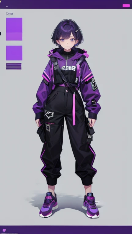 Purple Hair,Shortcuts,girl,1 person,,Harness,pants,sneakers,,cyber punk,Simple Background,smile,Full Body,full body,,Character portrait,Character sheet