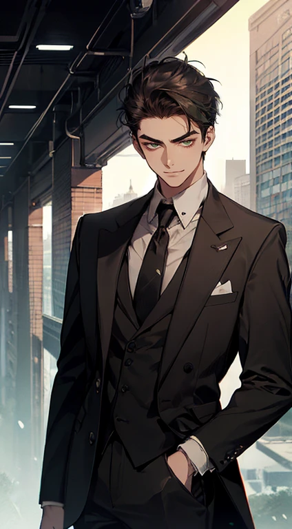((a young man in a black suit and tie)), taken in the early 2020s, gotham, alejandro, he looks very sophisticated, (((left side swept black short hair))), (dark green eyes and thick eyebrows), smirk. ((20 years old)), ((Black suite and black tie)), masterpiece, posture dynamic, one person, ((brown skin))