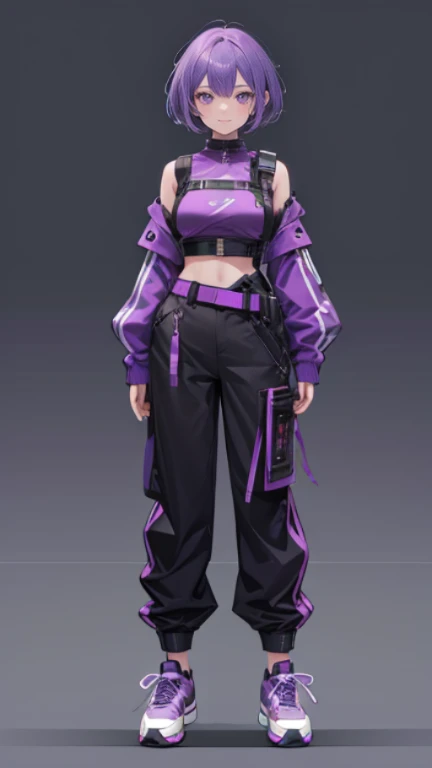 Purple Hair,Shortcuts,girl,1 person,,Harness,pants,sneakers,,cyber punk,Simple Background,smile,Full Body,full body,,Character portrait,Character sheet