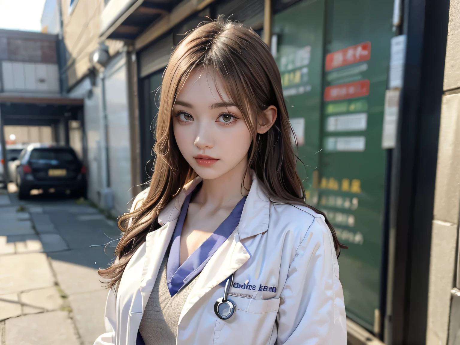 (((HD Photos))), Ultra-high resolution.Realistic:. 1.4, Ultra-high resolution, masterpiece, Trending on Artstation, Portraiture, Full Body Shot, One Girl, cute, cute face, The most beautiful in the world, Cleavage, soft, delicate, (Long Red Hair), Perfect figure, (Wearing a white doctor's coat'uniform:1.2), Lean on, With a stethoscope:1.4, Medical fetish, inspection, Light of the sun, Ward Background, SFW