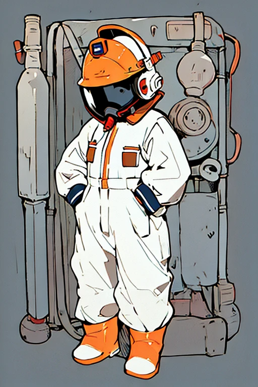 (ultra detailed,ultra high res,detailed background),((2D)),((flat color)),((muted color)), 1solo, looking at viewer, white hazmat suit, (big red galoshes), plush collar, full body image, square helmet