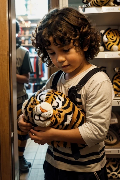 a boy with curly hair finds a stuffed tiger in a store window 