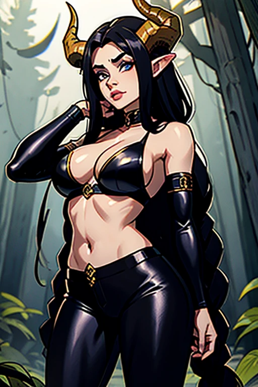 1Mulher(Demon woman),long hair in braids,cabelos negros,((with big horns on the head)),olhos amarelos, thin lips ((com presas na boca)),rosto redondo, seios enormes cobertos por uma roupa de couro,quadris largos,wearing animal leather pants,demon tail,Standing in a gloomy forest
