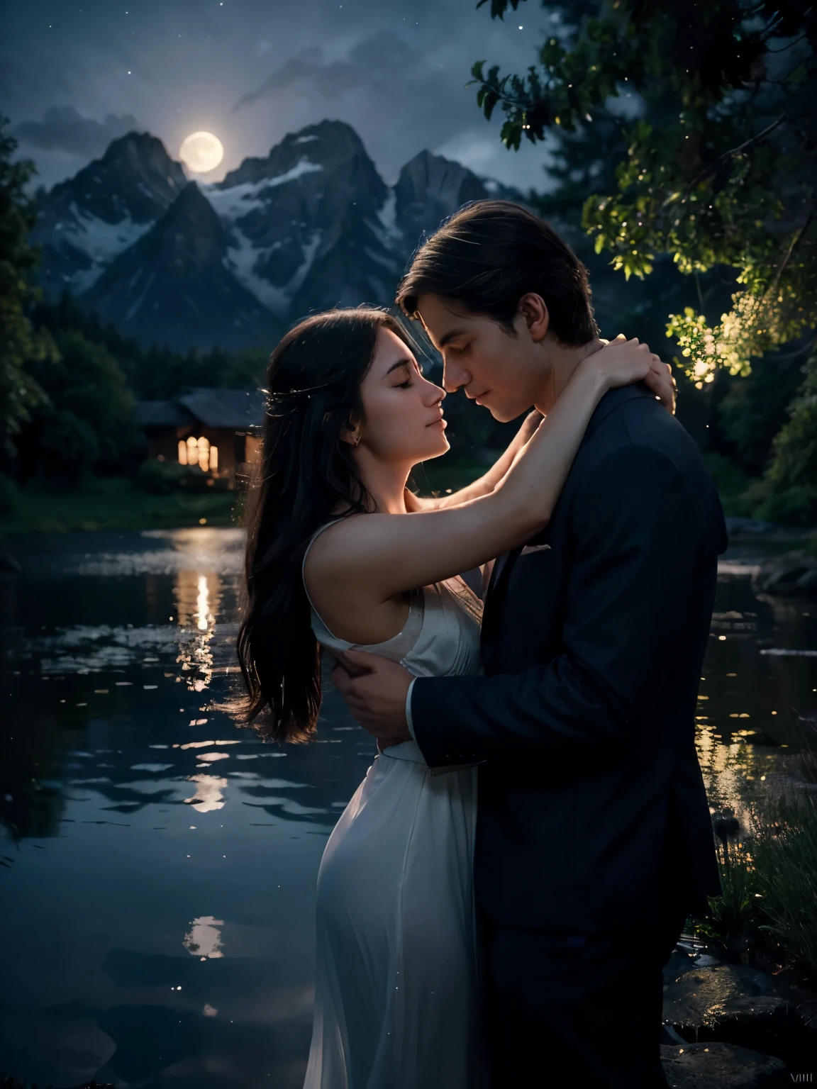 (best quality,highres),(realistic,photorealistic:1.37),beautiful detailed moon,beautiful detailed woman,woman embracing her boyfriend,romantic atmosphere,serene night,sparkling stars,soft moonlight,peaceful scenery,loving couple,silhouette of the couple,gentle breeze,evoking emotions,serenity,night sky,pure love,tranquil atmosphere,vibrant colors,warmth and tenderness,dreamy landscape,moonlit night,magical ambiance,sincere affection,captivating dusk,painting-like scenery,whispering trees,mystical aura,dark edges,romantic embrace,distant mountains,dreamlike setting,silent tranquility,ethereal beauty,
(fantasy),(romantic),(landscape),(moonlight),moonlit clouds,happiness in their eyes,immersed in love,soft shadows,subtle lighting,dreamy mood,serene expressions,perfect harmony,gentle touch,heartfelt connection,starlit world,lovers under the moonlight,peaceful moment,unconditional love,shimmering reflection,warm and cozy night,
enamored couple,joyful sighs,eternal bond,sparkling nighttime scenery.