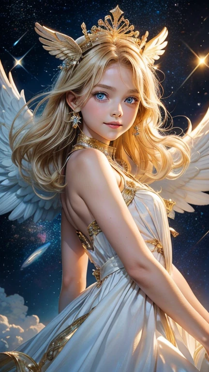 from the front, Look directly at the viewer,A beautiful angel about 8 years old, A kind smile, Big Blue Eyes, blonde,Beautiful gold carved hair ornament、 Soft white dress, Angel wings on the back, Space background with many shining stars, Holding a white rabbit, Realistic,High resolution８hair