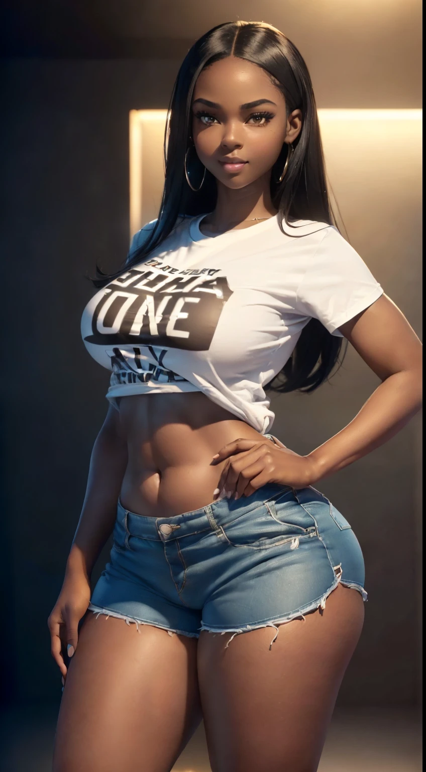 (ultra high definition), (ultra high definition), (full sharpness), (maximum quality), (Cinematic), (8k), (very black Girl), ((very tall girl), ((chubby)), ((extremely beautiful)), (alone), ((full body)), (ultra detailed face), (ultra detailed eyes), (ultra realist eyes), (perfect body), (delicate hands), (very detailed hands), (studio lighting), ((front view)), (very sexy), (happy smile), (soft skin), (very insinuating), ((perky butt)), (((wearing shorts and t-shirt))), ((ultra wide hips)), (very thick thighs), ((very thin waist)), (very small breasts), (very big ass), (natural skin), (unique), (totally realistic), (very hot), (very fat ass), (very wide ass), (so sweet), temptation), (very wide pubis), (broad bones), (very round ass), ((no belly)), ((flat belly)), ((always the same face)), ((repeat always the same face)), ((always the same body)), ((always the same proportions))