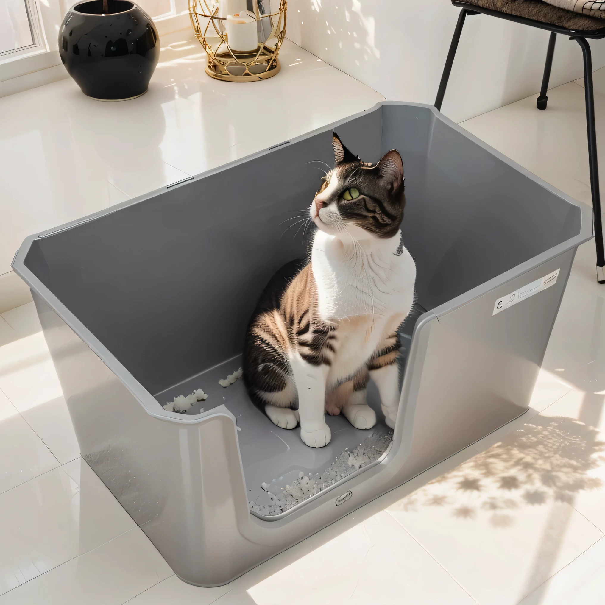 A cat in a gray litter box，The litter box is filled with cat litter，Natural light and shadow，Cute Kitten，Hyper-realistic scenes，Light shines on the litter box and the cat，product picture，high quality，High-end，Photographs