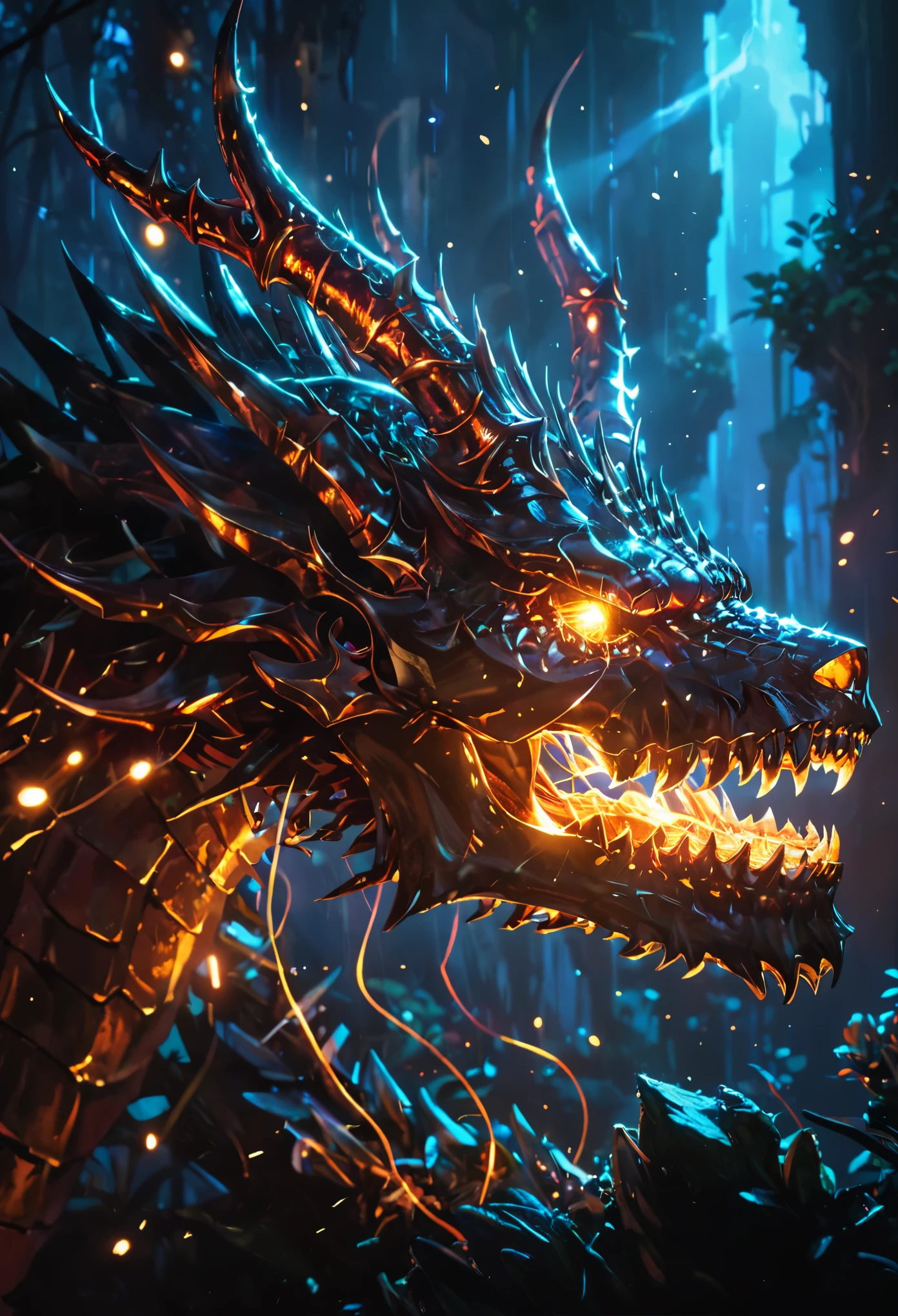 With glow horns、Close-up of a skull with a red head, Dragon Portrait, by Rostland, Benedict Barna, Morel,(((Multi-metal ring ornaments))),Miracle,Dark atmosphere,Black Forest,((glow light)),((Blue arc))