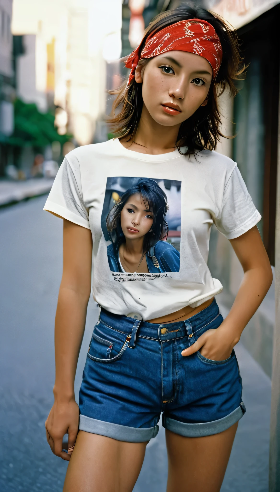 Yoko, attractive female model, slim, 
Dressed in t-shirt and jean shorts, dynamic pose on a city sidewalk, red bandana,
photograph by Steve McCurry using Nikon FM2 camera and Nikkor 105mm Ai-S F2.5 lens using Kodachrome 64, professional photoshoot, national geographic photo,