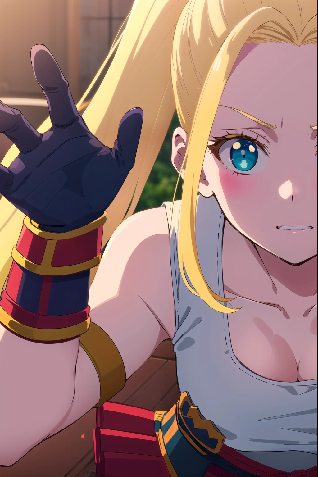 Beatrix Amerhauser, Beatrix Amerhauser, Long Hair, blue eyes, Blonde, gloves, ponytail, (Mid-chest:1.2),
break gloves, fingerless gloves, armor, japanese armor, Tank top, white Tank top,
break looking at viewer,
break outdoors,
break (masterpiece:1.2), highest quality, High resolution, unity 8k wallpaper, (figure:0.8), (Beautiful fine details:1.6), Highly detailed face, Perfect lighting, Highly detailed CG, (Perfect hands, Perfect Anatomy),