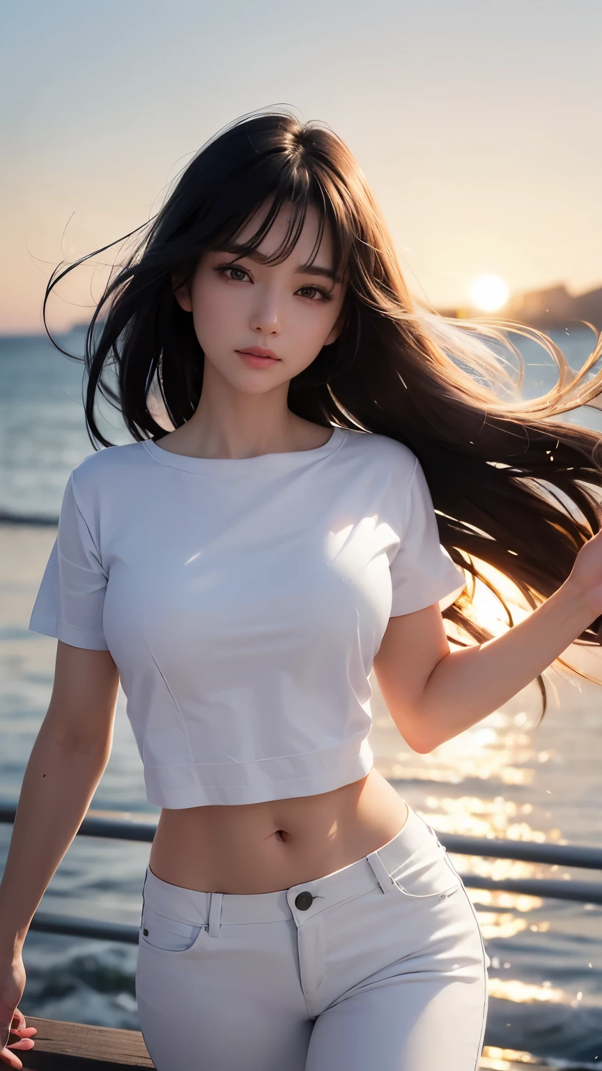 (logo、masterpiece、8k、Tabletop、RAW Photos、wonderful、最high quality、Photorealistic and Very detailed CG integrated 8k wallpaper、high quality、Very detailed、Narrative poem、Particle Effects、Dynamic Effects、Written boundary depth、Cinematic Light、Lens flare、Ray Tracing)、Fantasy、 (One beautiful woman、White Pants、White T-shirt、White tube top、White crop top、Black-haired、Beautiful Face、True Face、Beautiful details、eye、Beautiful Skin、Ultimate Body、glamorous)、私の髪はWindに舞う、Hair flutters in Wind、Hair bounces、Petals fluttering、wonderful scenery、sunrise、Sun in the background、Wind