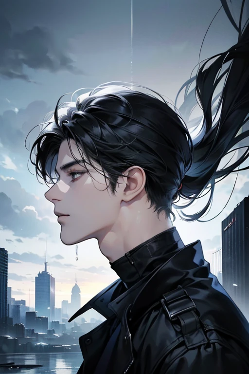(best quality detailed image beautiful image 8K photorealistic dramatic lighting 1:1) (digital art digital illustration) (camera focused on face in profile) (cold colors dim lighting) Art Manhwa 25 year old man very handsome black hair white and black clothes eyes black people (dreamy expressionless look, perfect face, perfect lines) walking in a chaotic dystopia setting