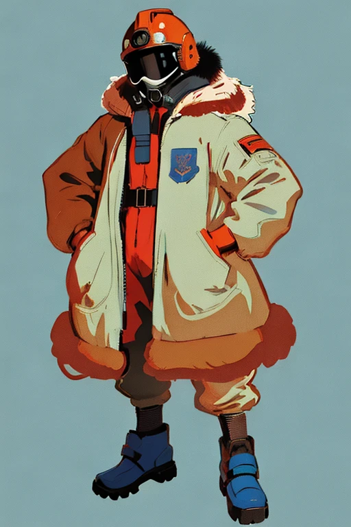 full body image, (ultra detailed,ultra high res,detailed background),((2D)),((flat color)),((muted color)), 1solo, looking at viewer, baggy flight suit, large fur collared bomber jacket, (big red galoshes), plush collar, full body image, square helmet, ((smokey blue background)), ((apocalyptic city)), entire body in frame,