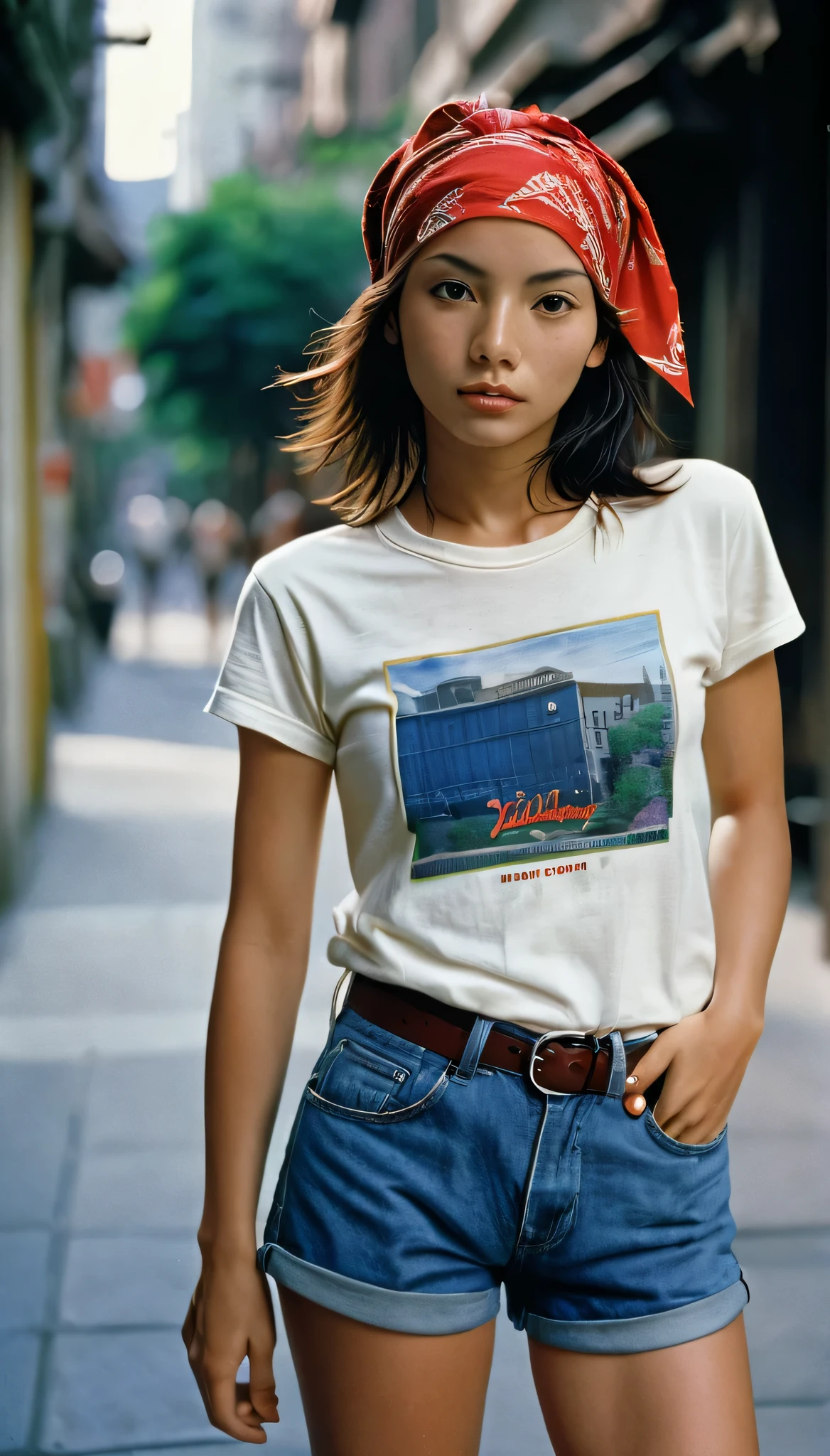 Yoko, attractive female model, slim, 
Dressed in t-shirt and jean shorts, dynamic pose on a city sidewalk, red bandana,
photograph by Steve McCurry using Nikon FM2 camera and Nikkor 105mm Ai-S F2.5 lens using Kodachrome 64, professional photoshoot, national geographic photo,