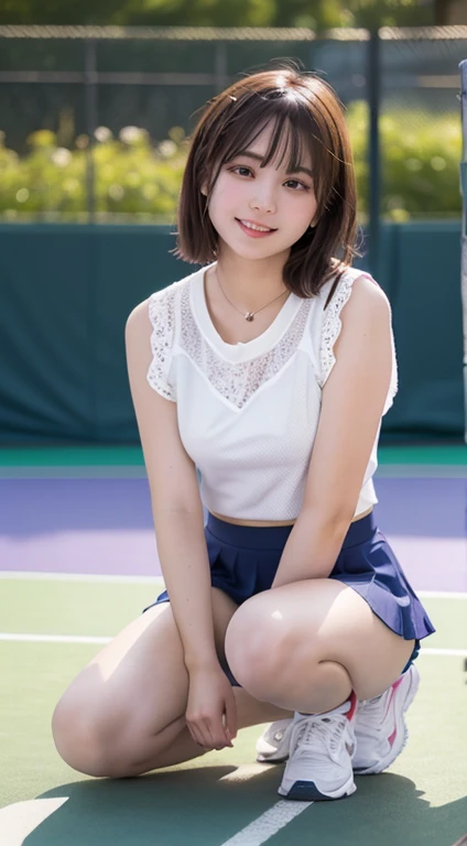 ((((Whole body 1.4)))),Body facing the viewer、Small breasts、Sit with your knees up、Panty Shot、White panties見えてる,highest quality, 8k, 15-year-old student, Teen, RAW Photos, Absurd, Award-winning portraits, mouth, alone, night, neon, Idol'Face, Viola Lace, Gardenia, Delicate girl, Digital single-lens reflex camera, Looking at the audience, Frank, Sophisticated, Zola々right, Thin arms, Professional Lighting, Film Grain, chromatic aberration, (Eye and facial details:1.0), (Bokeh:1.1) , ,short hair、Tennis player costume,White mini skirt、White panties,Panty Shot、Large skin area,Bare legs,Thighs、Tennis court