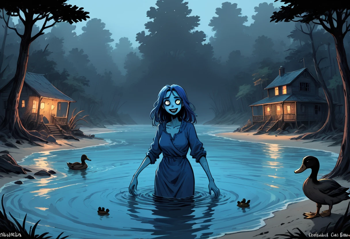 A wordless redraw of the dutch angle cinematic splash page cel shaded overjoyed unhinged webcomic postmeme meme, blue hues, shades of blue, rich blues, ducks on blue sand beach cove, rich color grading of light to dark blues across the sandy shores, unfunny smiles, unsettling, unhinged, creepypasta (candle cove style reference homage) hilarity, strange, hyper maximal, intense, simple, threatening aura water, insatiable danger prowling in shadows, sinister vile terrifying spooky phobia cinematic-horror, overwhelming dread, utterly dreadful, tropical bleak, tropical rot, entropy, rewilding,