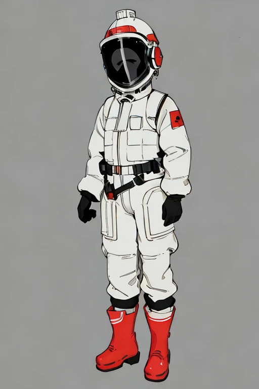 (ultra detailed,ultra high res,detailed background),((2D)),((flat color)),((muted color)), 1solo, looking at viewer, white hazmat suit, (big red galoshes), plush collar, full body image, square helmet