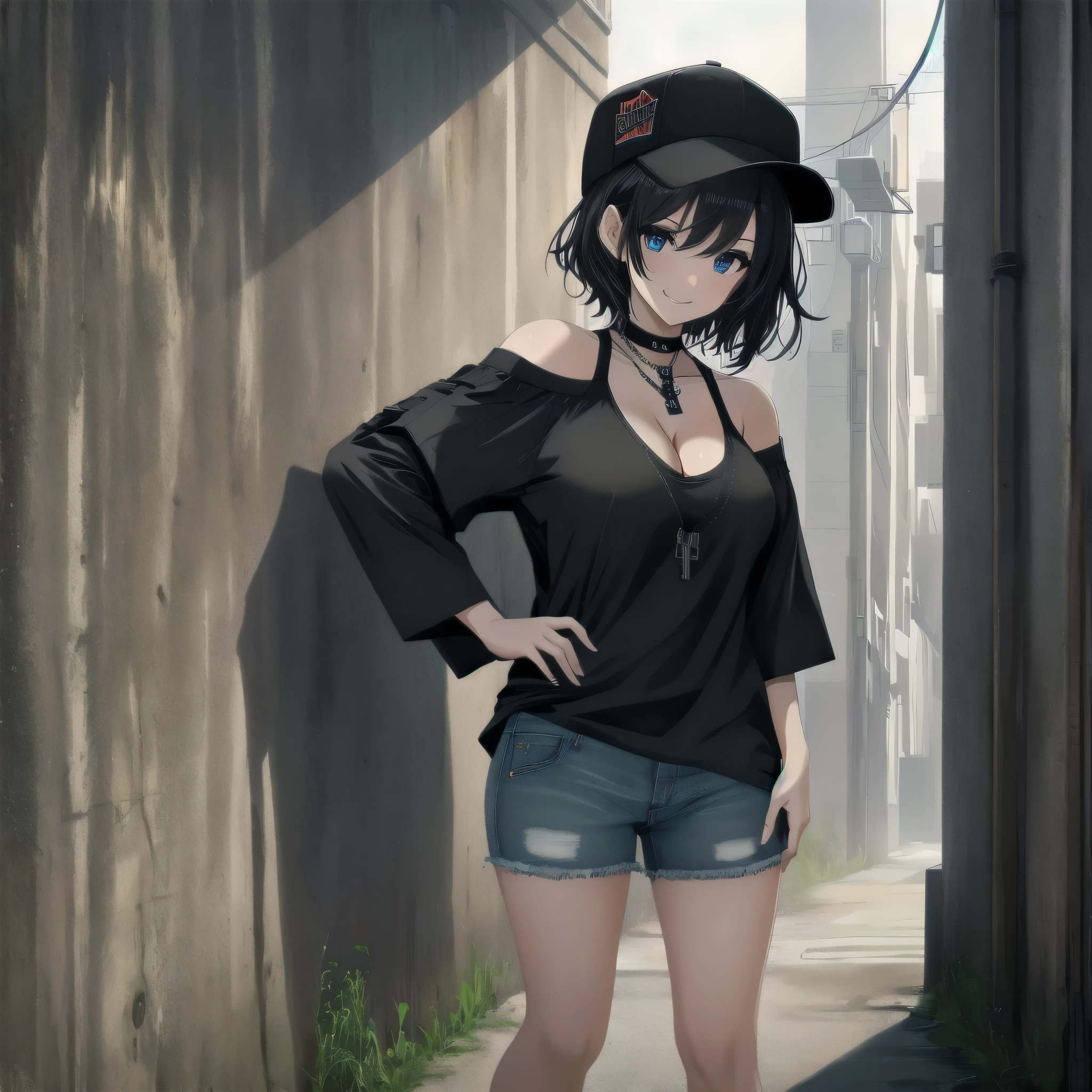 (Absurd, 8k, 4K, masterpiece, Extremely detailed:1.2), highest quality, Expressive eyes, High resolution, Perfect Eyes, One girl, Perfect Face, Perfect hands, short hair, Black Hair, Large bust, Beautiful Face, black eye, Smile, Gothic, Cross Necklace, Black Shirt, Streetwear, Baseball cap, Curious, Half Body, Streetwear, Graphic T-shirts, Are standing, Leaning against a wall, Gothic, No background, Shocked, Concerned, Confused, Tilt your head, Shorts, Cleavage, Short shirt, Short denim,Bare shoulders, body shot,