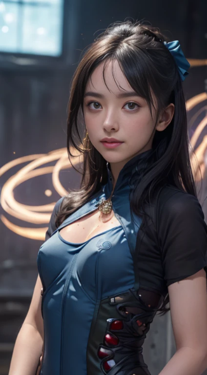 From the side, photorealistic Portraiture, Official Art, Unity 8k wallpaper, 8K Portraitures, highest quality, Very high resolution, (信じられないほどbeautiful自然の背景:1.6), girl, beautiful Italian  girl., 16 yscene, (Sexy and attractive:1.1), (Rude expressions:1.6), (Small breasts with raised pink areolas,:1.6), rude, (Captivating smile:1.2), (Whole body 1.0), (Erotic gestures:1.5), (Magic Attack:1.6),(Magical effects such as glow and energy:1.5), (Electric shock from the hand:1.1), (beautifulフラクタルや大理石のデザインが施された、Blue bodysuit with detailed details..:1.5), (beautiful and delicate pomegranate, Topaz, Emerald and Sapphire Jewelry:1.45),  beautiful sensual face, Portraiture, (Thick eyebrows:1.2), (Big purple eyes..:1.2), beautiful eyes with delicate symmetry.., (Very fine eye:1.4), (High resolution eyes:1.1), Intimate Face, (Highly detailed skin texture:1.4), White skin, 青White skin, Perfect Anatomy, thin, (beautiful toned body:1.1), Hair Bow, (Moisturized Skin:1.1), Sweaty, No makeup, Bear, Excellent anatomy, Face Focus, Good Coin, (Emilia Clarke:0.6)  (Emma Watson:0.3),(Jennifer Connelly:0.4), (Facial hypertrophy:1.5), Elegant face, I hope it goes well, sweet, Sci-fi Cyberpunk, (緻密でbeautifulデザインの手袋..:1.2), Blurred Background, Blurred foreground, The depth of the written world, (Motion Blur:1.1), Complex and colorful biomechanical bodysuit, Tangled, Mandala, Intertwined,  (Small breasts:1.2), Translucent chest, (beautiful :1.2), (NSTDA.:1.2), Big Hips, prattle,  Juice stains, Bust Grip