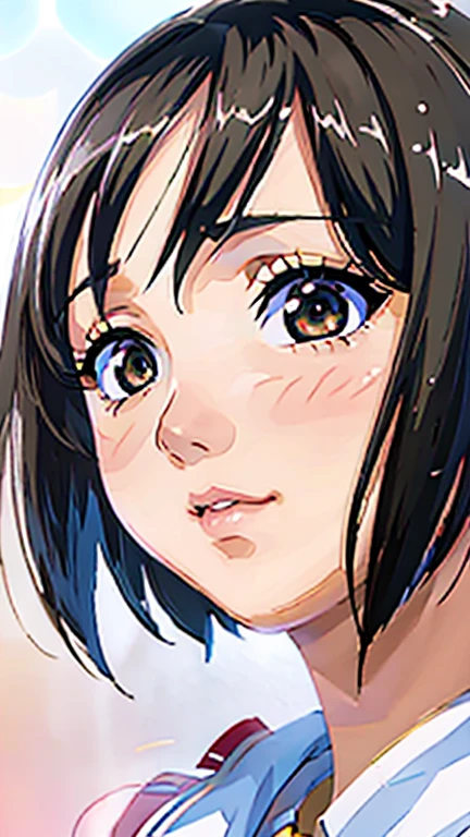 (highest quality,4K,8k,High resolution,masterpiece:1.2),Very detailed,(Realistic,photoRealistic,photo-Realistic:1.37),Looking up,looking at the camera,Staring,Beautiful fine details, beautiful lip detail, Fawning, Ghibli style, Long straight black hair, Beauty, Big Eyes, Iris, anime, blouse, In town, Very detailed顔, Long eyelashes,No background,Face close-up, Face as seen by a man