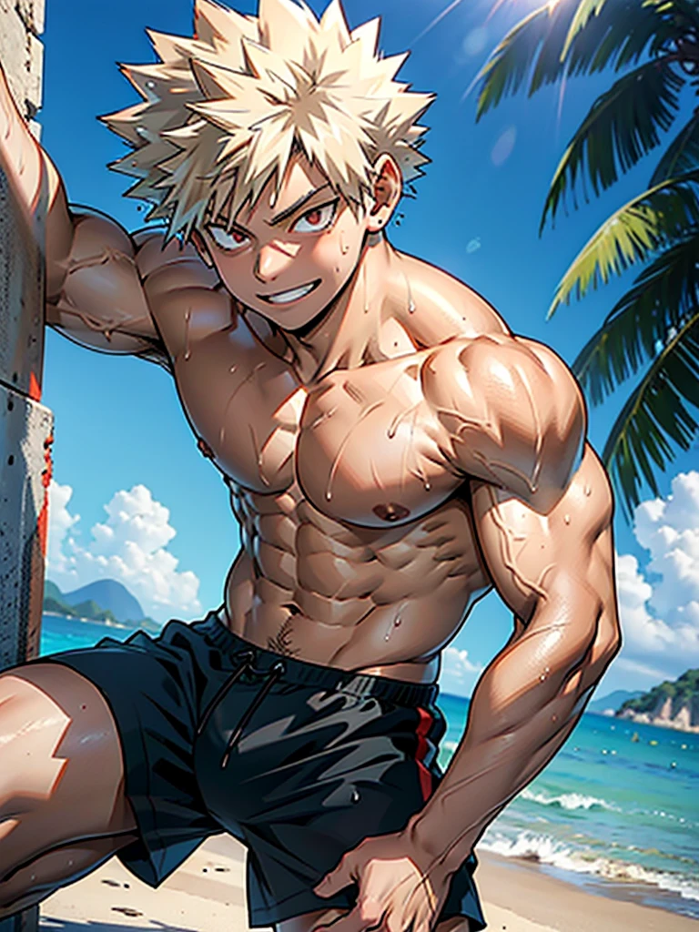 1hombre, adolescentes, boku no hero, Bakugo Katsuki, rubio, ojos rojos, speedo, rio, wet, sonrisa, vista desde abajo, cuclillas, looking at the camera, high resolution, high quality, full color, HD, 4k, masterpiece, high definition,