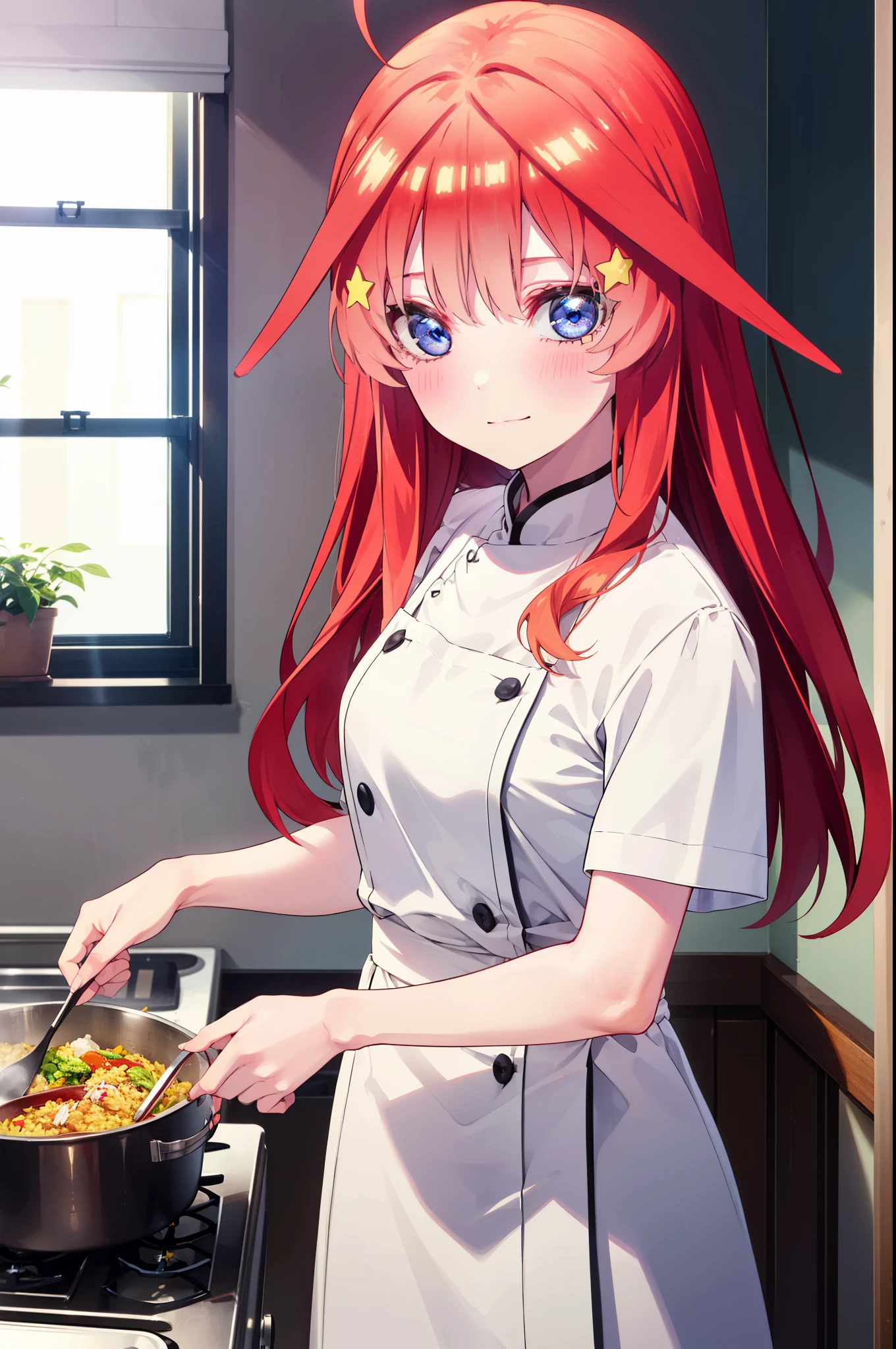 itsukinakano, Itsuki Nakano, bangs, blue eyes, Hair between the eyes, Ahoge, Redhead, star \(symbol\), hair ornaments, star hair ornaments,smile,blush,chef uniform, chef hat, chef, Zend 4y4, cooking, Chinese pan, fire, fried rice, Stove, フレームから足が外れている
break indoors, kitchen,
break looking at viewer, (Cowboy Shot:1.5),
break (masterpiece:1.2), highest quality, High resolution, unity 8k wallpaper, (figure:0.8), (Beautiful fine details:1.6), Highly detailed face, Perfect lighting, Highly detailed CG, (Perfect hands, Perfect Anatomy),