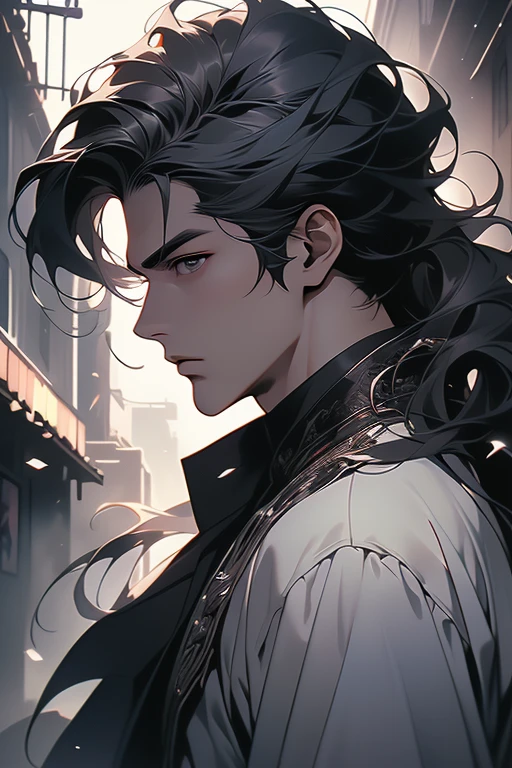 (best quality detailed image beautiful image 8K photorealistic dramatic lighting 1:1) (digital art digital illustration) (camera focused on face in profile) (cold colors dim lighting) Art Manhwa 25 year old man very handsome black hair white and black clothes eyes black people (dreamy expressionless look, perfect face, perfect lines) walking in a chaotic dystopia setting