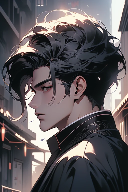 (best quality detailed image beautiful image 8K photorealistic dramatic lighting 1:1) (digital art digital illustration) (camera focused on face in profile) (cold colors dim lighting) Art Manhwa 25 year old man very handsome black hair white and black clothes eyes black people (dreamy expressionless look, perfect face, perfect lines) walking in a chaotic dystopia setting