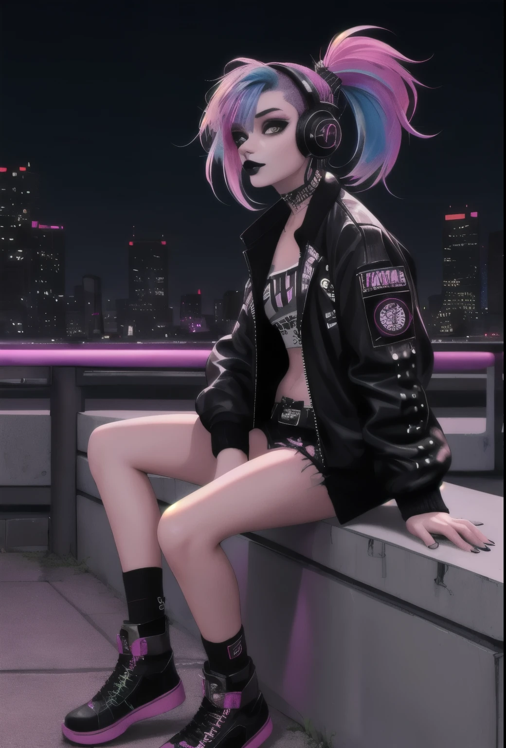 1girl, Holo-Punk Style, woman, perfect body, seductive,
black lipstick,
city at night, outside,
headphones,
mesh,
rainbow hair, ombre,
punk style, punk, punk hair with shaved sides, looking at viewer,
sitting, full body view, jacket