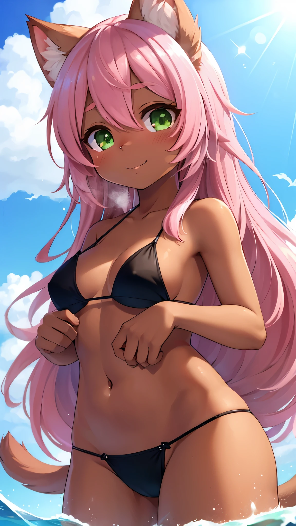 best quality,best resolution,(young :1.6),cat girl,small breasts,(pink hair :1.4),long hair,wavy hair,(brown neck fur :1.3),brown pubic fur,cat tail,( brown skin :1.6),green eyes,glistering eyes,sparkle eyes,black bikini,looking at viewer,full face blush,beautiful beach,horny face,smile,heart eyes,heart expression eyes,upper body only,legs in water,low angle,heavy breath,not rate