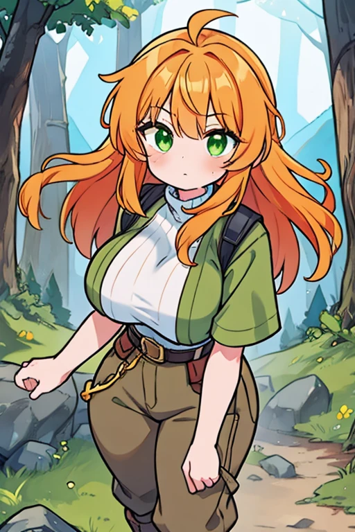 1girl, cute young girl, solo, (Orange hair), ((slightly messy hair)), (Lush, Thick, long hair), Beautiful Green eyes, ((excessively Big Breasts)), a (worn Green Tunic), (Dark-Brown Pants), and Grey Boots, Putting one hand on her hip, and has her other hand open with a little flame on it, with a focused facial expression. ((detail face)), 8k, super detail, masterpiece, high quality, high resolution, high detail, high face detail, HD quality, very cute, bright, very wide hips, she is hiking on a Forest trail in the mountains.