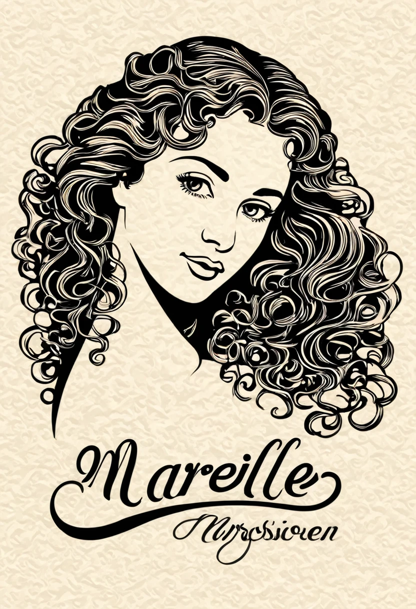 A antique logo brand with 'Marielle' inscription, classical. In the corner of the logo, draw a black, curly, long hair classical women