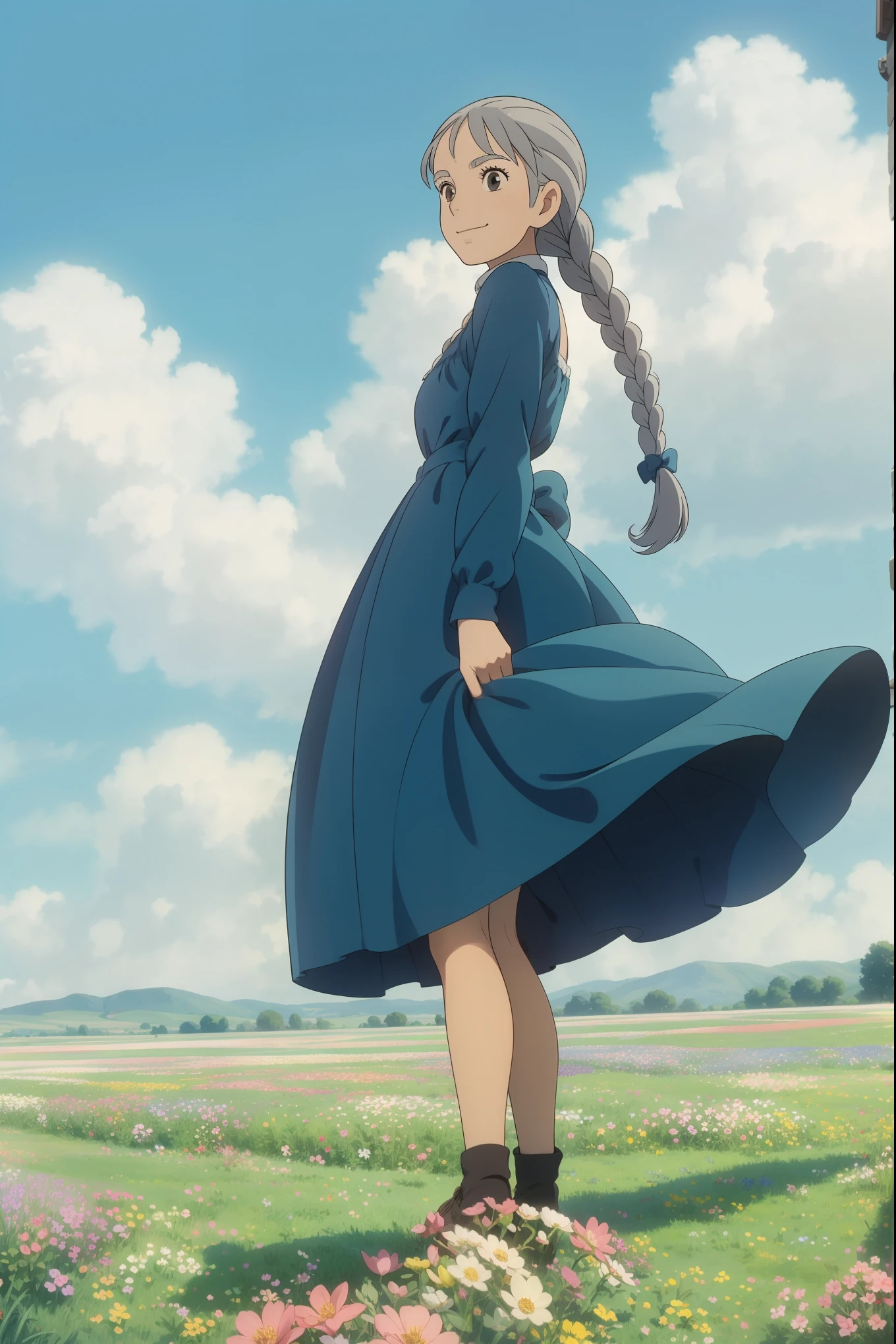 StudioGhibliStyleHMC, woman, grey hair, single braid, hair bow, blue dress, wind lift, closed mouth smiling, standing in a flower field, cloudy sky, (masterpiece, best quality:1.2)
