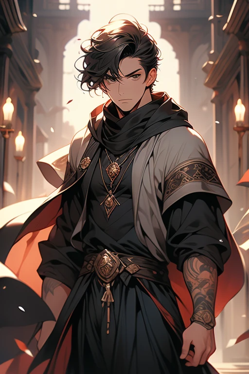 male, adult, black silky hair, grey eyes, beautiful face, handsome, tattoos, court wizard, hooded scarf, robes and trousers, rogue mage, medieval fantasy, embarrassed