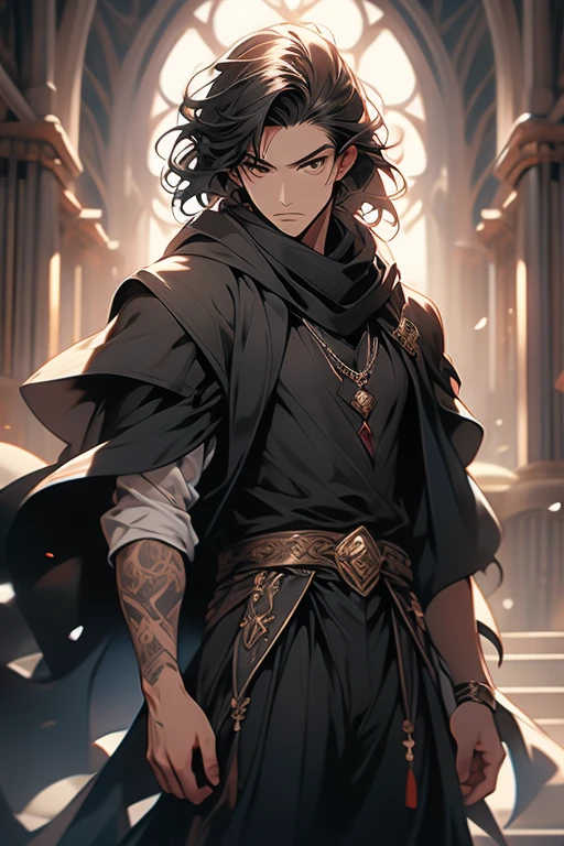 male, adult, black silky hair, grey eyes, beautiful face, handsome, tattoos, court wizard, hooded scarf, robes and trousers, rogue mage, medieval fantasy, embarrassed