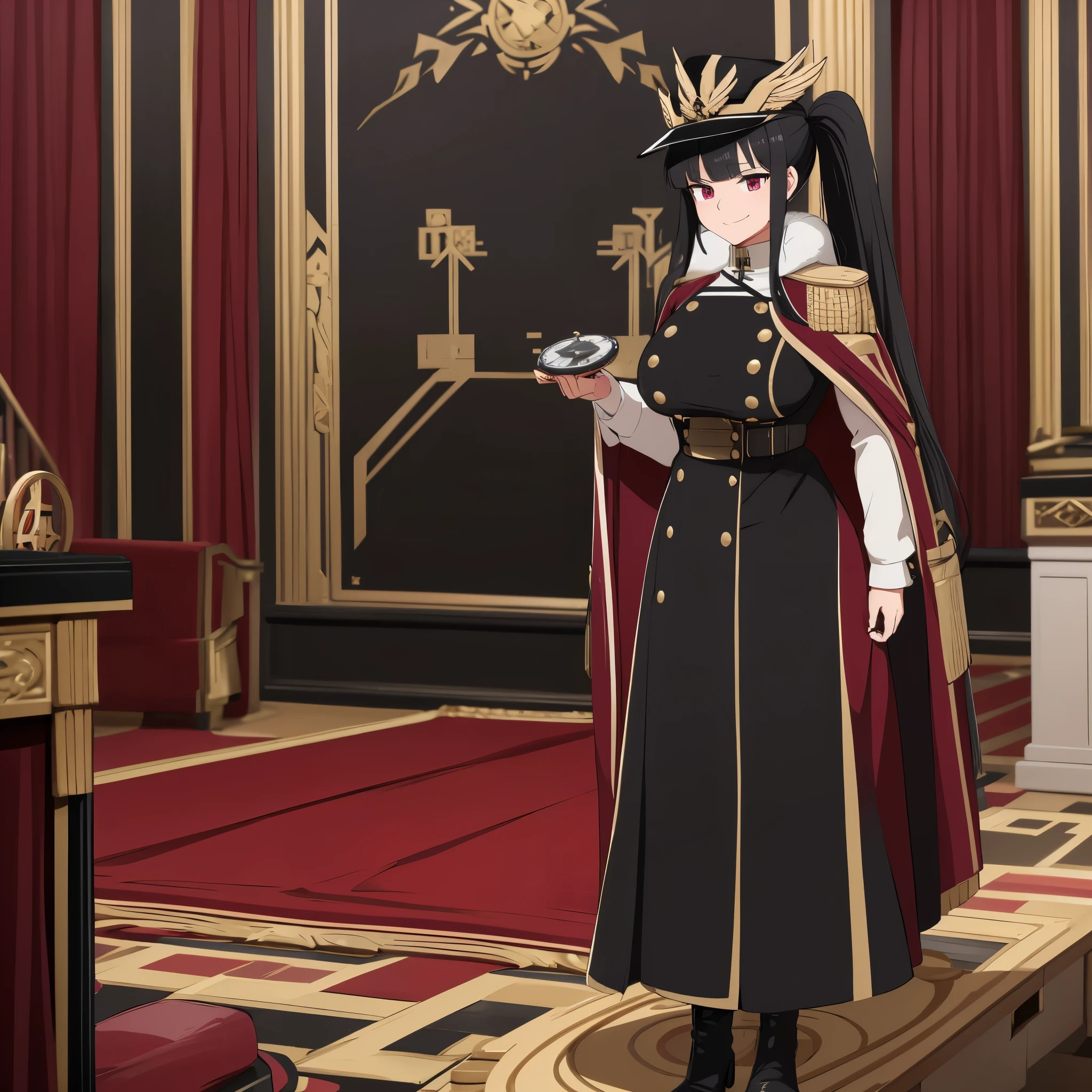 a woman wearing a long black Prussian style military dress with gold details, black military hat with gold details, long fur cape, long black hair, pigtails, burgundy eyes, black boots, big breasts, smiling, walking in a large room with a large gold pocket watch on the back,(woman solo )