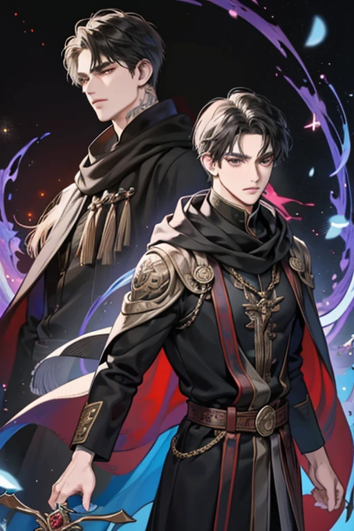 male, adult, black silky hair, grey eyes, beautiful face, handsome, tattoos, court wizard, hooded scarf, robes and trousers, rogue mage, medieval fantasy, embarrassed