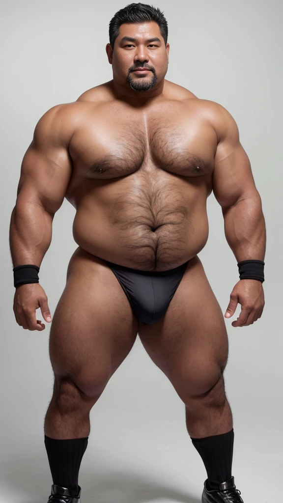 black hair, middle-aged man, individual, male, Muscular wrestler, muscular, Stout wrestler, Asian, Japanese, uncle, 55 year old middle-aged man, short hair, short hair, red wrestling boots, full body portrait, shadow, Vision, red briefs, obesity, 45 years old, short beard, middle-aged man, tattoo, fingerless gloves, Wheat skin, shiny skin, dark skin, Show your pectoral muscles, sumo wrestler, bodybuilder, wide temples, Visible abdominal muscles, Smile, Fine hands, solid color background, pure white background, Surrealism, Panorama, 8k, super detail，