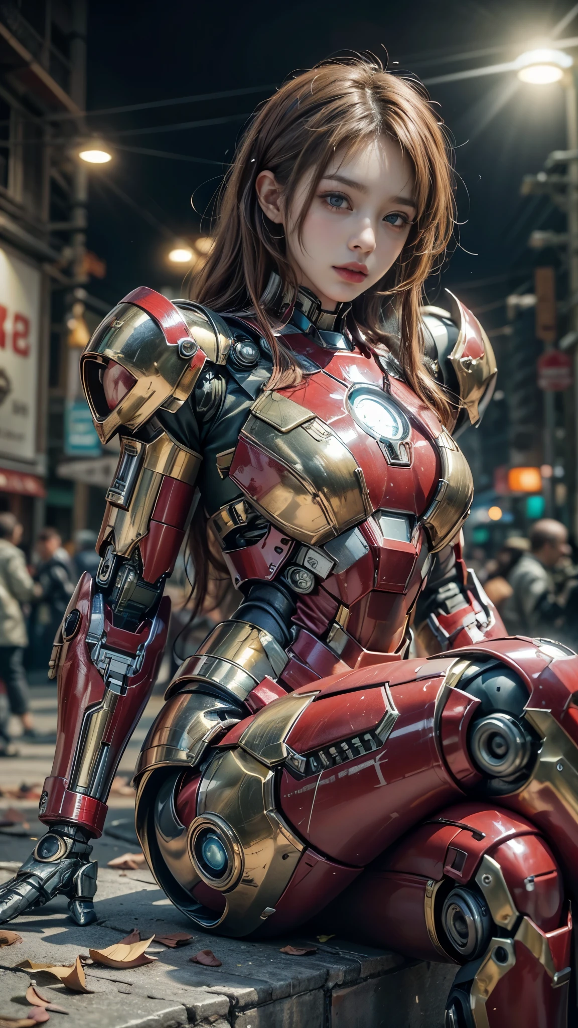 (Masterpiece, Best Quality, photorealestic:1.4), (UHD, 8k wallpaper, High Resolution), japanese girl as a cyborg war mechine in a cyborg military with heavy armor, intricate detailed bodywork, messy red hair, detailed beautiful face, very tight musculature, sitting with cross-legged, dynamic pose, cute expression. Against the background of a ruined New York City, dressed in gold with crimson trim cyborg military armor, ironman armor likeness, Oppressive atmosphere, postapocalypse, photon mapping
