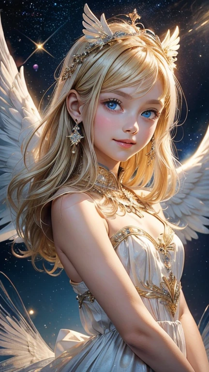 from the front, Look directly at the viewer,A beautiful angel about 8 years old, A kind smile, Big Blue Eyes, blonde,Beautiful gold carved hair ornament、 Soft white dress, Angel wings on the back, Space background with many shining stars, A small white bird is perched on my hand, Realistic,High resolution８hair