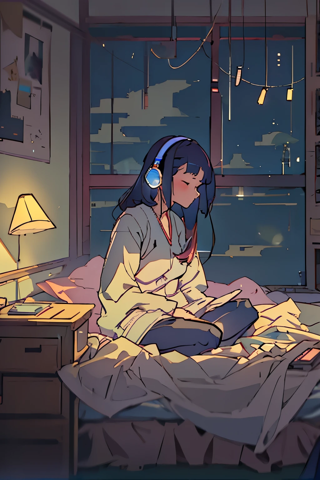 Create artwork for a LoFi music video for YouTube that helps you sleep。The scene is night、Set in a dark and cozy bedroom、Evokes a calm and emotional atmosphere。A young woman with a relaxed and thoughtful expression、Lying comfortably in a big fluffy bed。The bed sheets are casual and have a lived-in feel.、It&#39;s crumpled.。She has a lit joint in one hand、The smoke rises silently into the air、It adds to the dreamy feel of the room.。In his other hand he has headphones、It shows that she is deeply immersed in the music with LoFi beats.。The room has soft ambient lighting from string lights and bedside lamps.、Creates a gentle shadow、It gives off a warm and inviting light.。The overall mood is peaceful and relaxing.、Ideal for viewers looking for soothing visuals accompanied by LoFi music to promote sleep。
