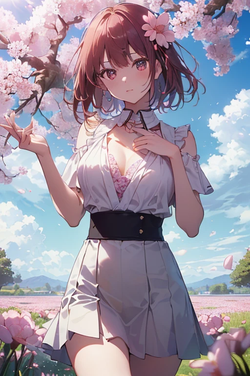 ((masterpiece、4K、8k(masterpiece, highest quality:1.6), Thighs, beautiful girl, garden, blue sky, Looking at the audience, Tight waist, Official Art, RAW Photos, Unbelievably absurd, Face Light, 
Dynamic Lighting, Cinema Lighting, Surreal, High resolution, photo shoot, Sharp focus, Most detailed, Very detailed, Very detailed, finely, Very detailed目と顔,Fluttering Grass,
(spring,cherry blossomsの花),petal,(Lens flare),altocumulus,Bright light,Cool breeze,(shade) internal [cherry blossoms],grassland,.Best image quality，Publish one&#39;Chest，
Beautiful breasts,White skin,Pointed Chest,，

