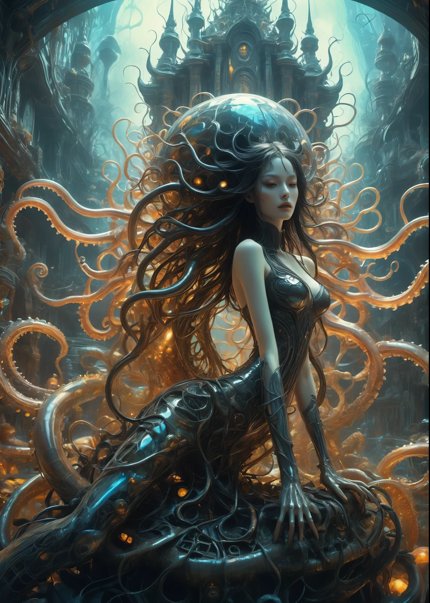 Generate a detailed and frightening description of a dark and menacing version of Ursula from 'The Little Mermaid with octopus legs.' Focus on her appearance, demeanor, and surroundings, creating an atmosphere of fear and suspense. wet body, wet hair, half human half octopus, demi human, have no human legs, waist to bottom is octopus tentacles, octopus tentacles attach to body, swimming, (octopus skin), kranken, (masterpiece, best quality:1.2),(8k,highres,RAW photo,realistic,photo-realistic:1.3),(detailed skin texture,detailed cloth texture,beautiful detailed face:1.25),professional lighting,photon mapping,beautiful soft light,radiosity,physically-based rendering,model shoot style, model shoot style, (extremely detailed CG unity 8k wallpaper), full shot body photo of the most beautiful artwork in the world, complex 3d render ultra detailed, looking at viewer, 18 yo, wet hair, real human skin, vibrant details, hyperrealistic, beautiful, octane render, 8k, best quality, masterpiece, an extremely delicate and beautiful, extremely detailed ,CG ,unity ,wallpaper, (realistic, photo-realistic:1.37),Amazing, finely detail, masterpiece,best quality,official art, extremely detailed CG unity 8k wallpaper ,extreme detailed eyes, (perfect face), shiny skin, colorful, highest detailed, vibrant colors, ultra high res, (high contrast), intricate, lens flare,