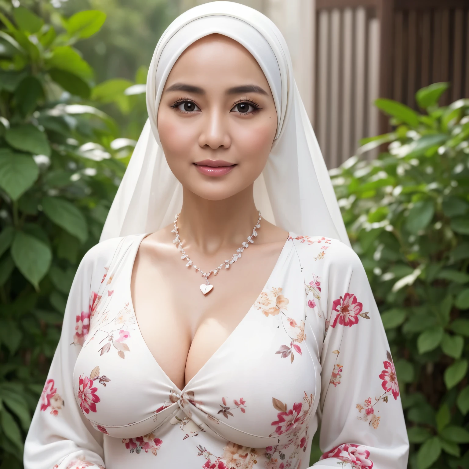 46 Years old, Indonesian mature woman, wearing Hijab, white skin like porcelain, Perfect body, Full body, natural Gigantic mature breast, Hard Nipple Erection, gorgeous eyes, Soft smile, wear a Gamis Floral Pattern, Tight Gamis, Heart necklace, Breast about to burst out